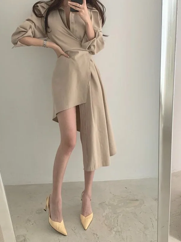 Chic Early Autumn Shirt Dress Women's Mid-Length Asymmetrical Single-Button Closure Turn-down Collar Lightweight Maturity Style