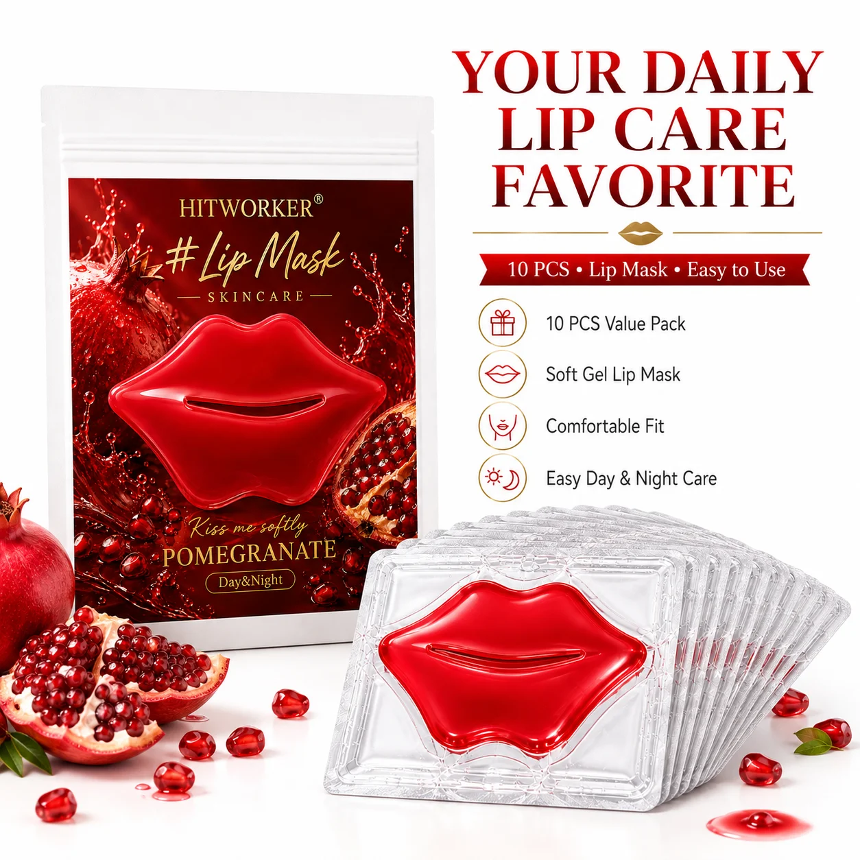 10Pcs Pomegranate Lip Skincare Masks, Soft-Touch Lip Care Patches for Daily Beauty Routine, Self-Care and Travel