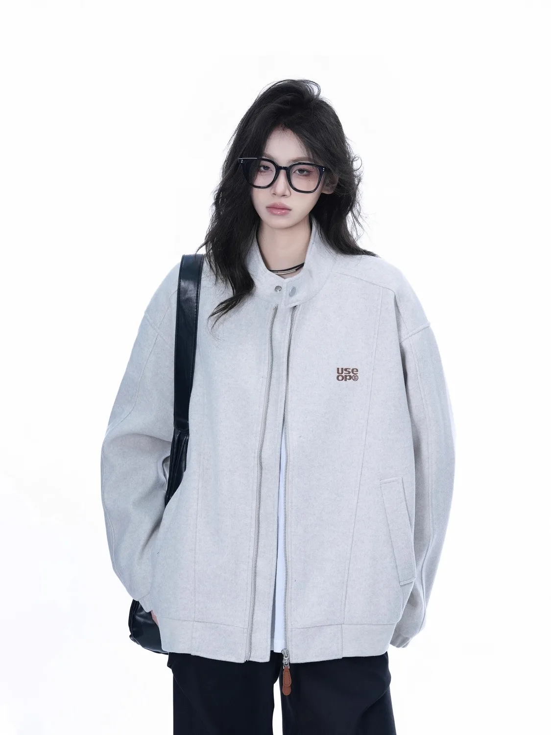 

Retro American Woolen Jaet Stand Collar ex Spring Autumn Trendy Streetwear Couples Coat Youth Loose Fit Long Sve Zipper