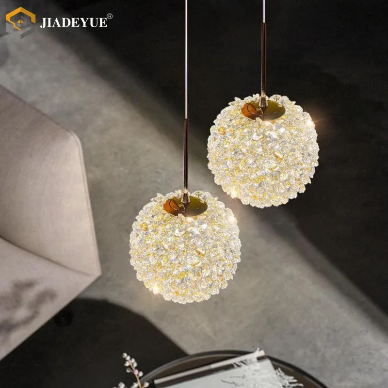 

Romantic crystal bedside pendant light, modern luxury round ball long hanging line light, bedroom corridor decoration