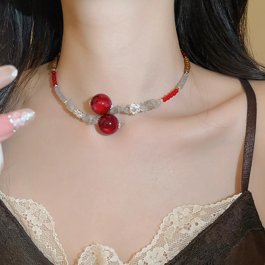 Drejew Green And Red Beaded Necklace Set With Natural Stone Accents Silver Tone Bohemian Style Jewelry For Women
