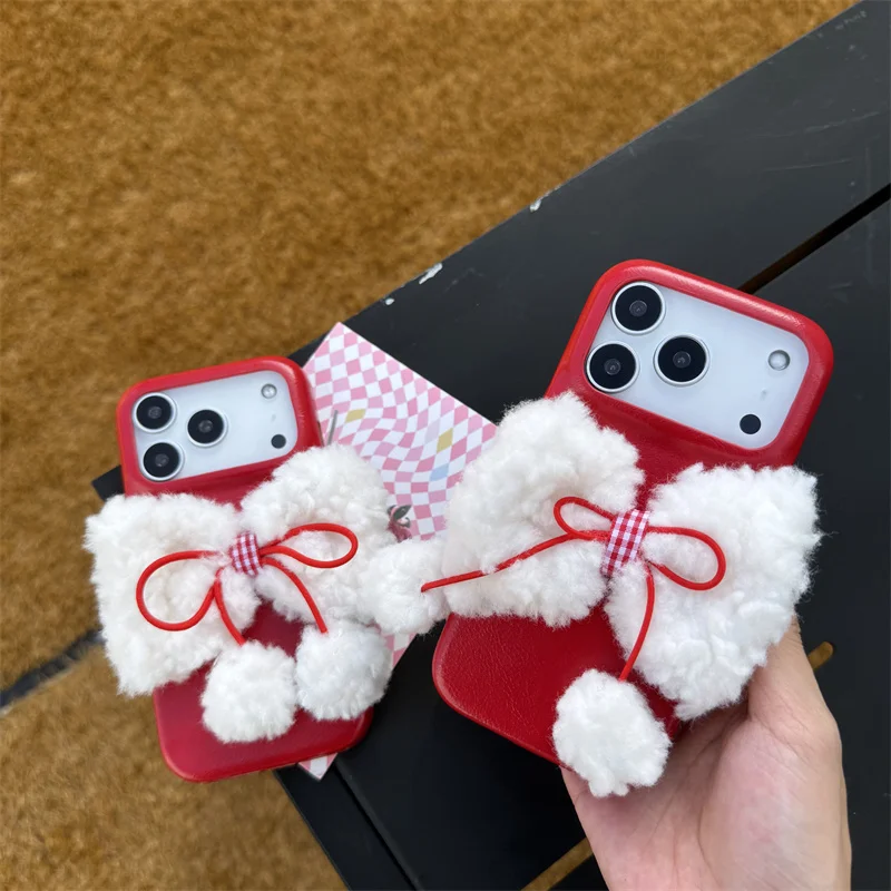 

Fashion Leather Cute Plush Bowknot Phone Case For iPhone 17 Pro 16 15 14 Pro Max Protective Cover Korean Cases For Apple 16 Prom