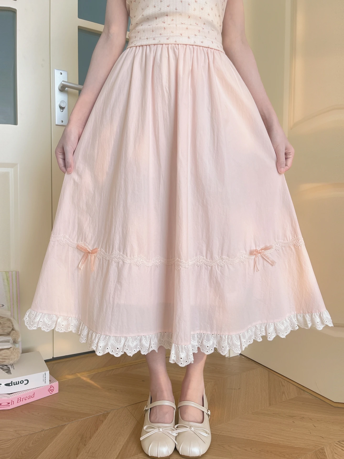 Pastel Pink Lace  Knot Half Skirt Women's Elastic Waist A-Line Gown Gentle Early Autumn Long Dress by Forest Girl Tribe