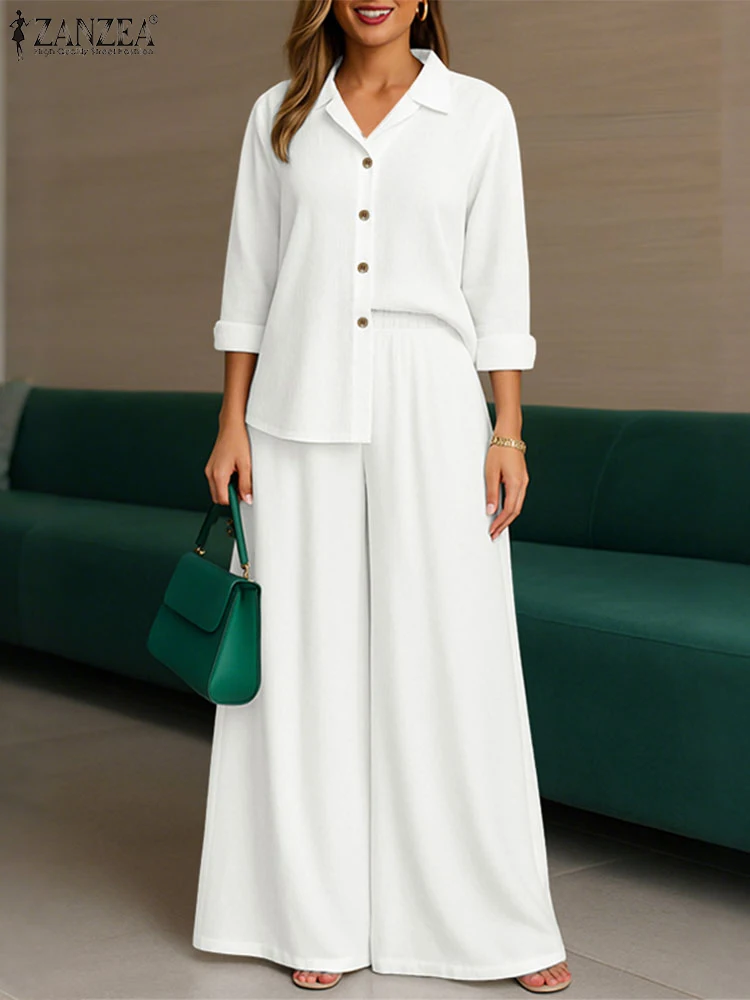 

ZANZEA Осенняя мода Комплекты из 2 предметов Женские повседневные рубашки с длинным рукавом и широкие брюки 2 предмета Костюмы Комплекты брюк для поездок на работу