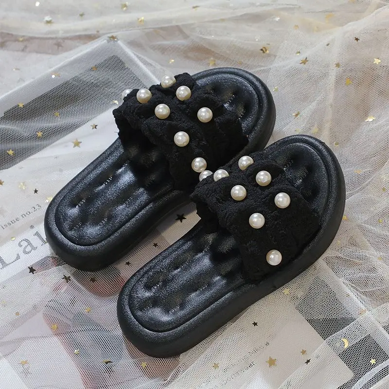 Little Girls Pearl Puff Flip Flops Soft Sole Breathable for Summer Outdoor Wear