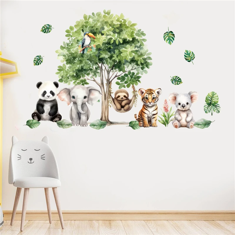 Cute Tiger Panda Koala Elephant Wall Stickers For Kids Room Decoration Cartoon Animals Party Mural Art Pvc Posters Home Decals