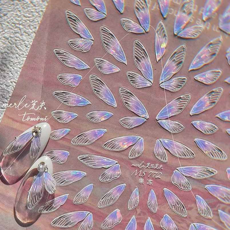 โปร่งใสสีชมพู Gradual Wing Feather Housefly ปีก Angel ดอกไม้ Star Jelly Rhinestones เงาเล็บสติ๊กเกอร์เล็บ Decals