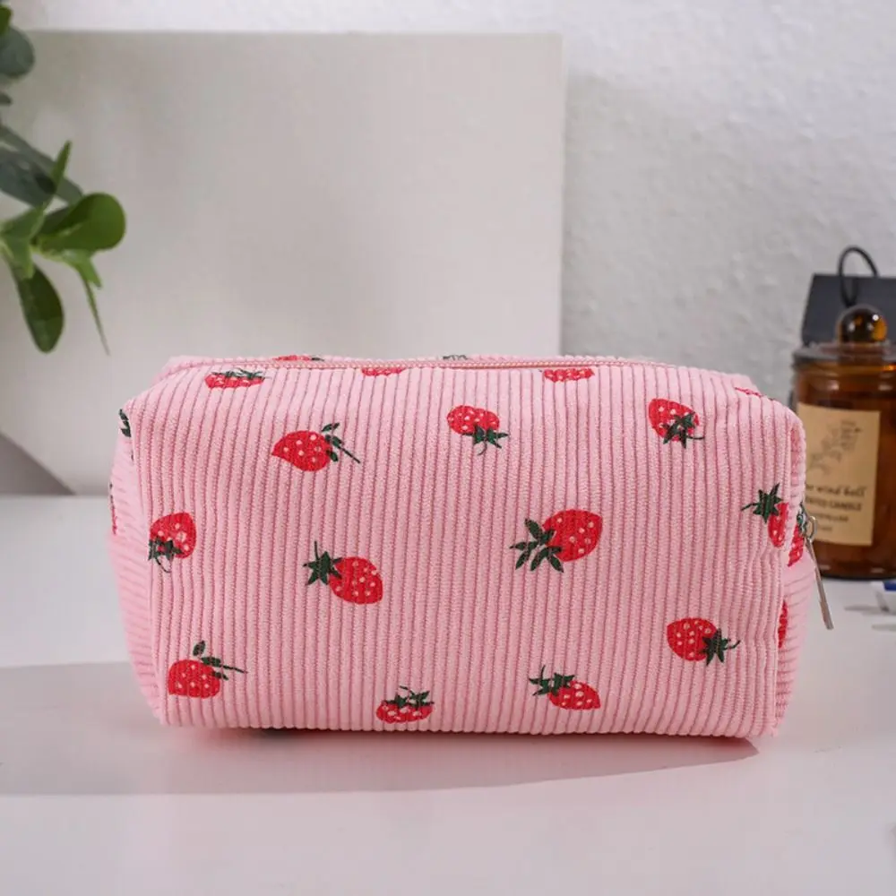 INS Corduroy Storage Bag Large Capacity Multifunctional Pen Bag Strawberry Pattern Toiletry Bag Cosmetic Storage