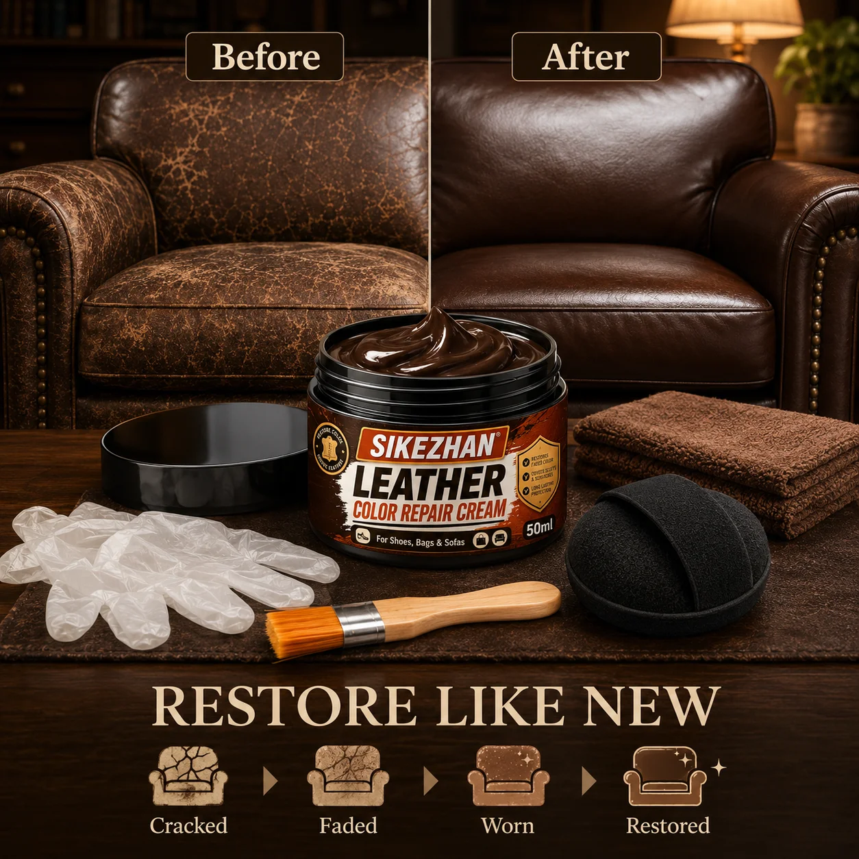 Leather Color Repair Cream for Shoes Bags Sofas, 50ml Leather Recolor Balm with Brush Sponge Gloves, 4 Colors Available view 4