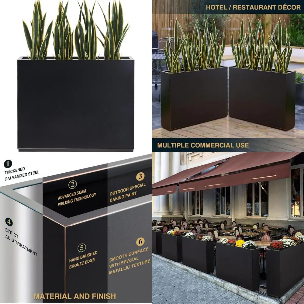 Тяжелый ящик для цветов на открытом воздухе, высокий разделитель с черным и золотым ободом, долговечная металлическая отделка, ручная работа для прочного сада