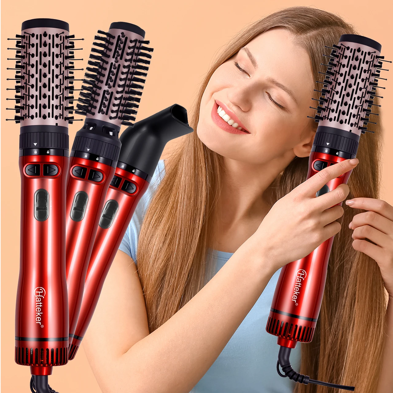 Hatteker EU 3-Kopf Heißluftbürste Haartrockner mit starkem Luftstrom, elektrischer Glätter, Lockenwickler, Roller, Kamm, Föhn, Styling-Tool für Frauen – Detail 4