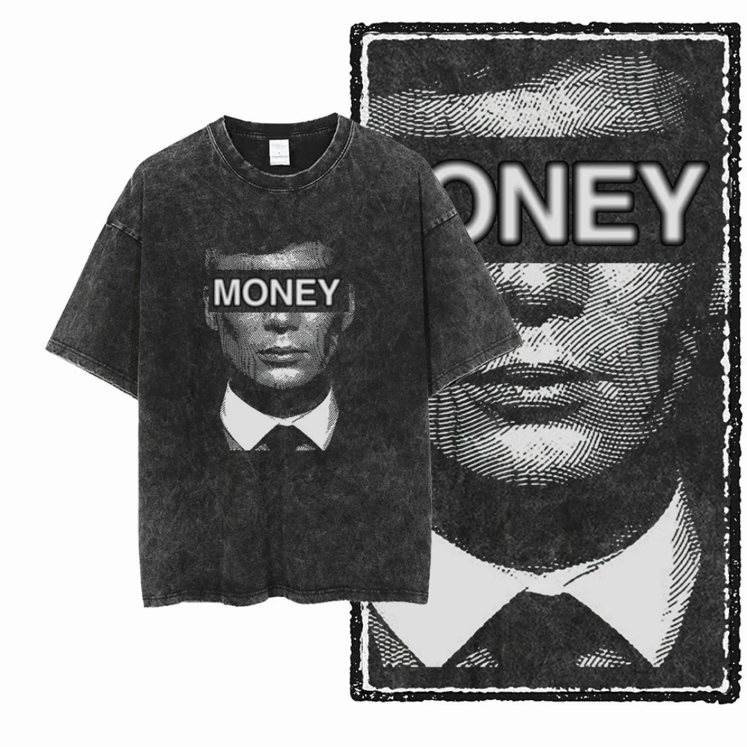 

2025 New Vintage Washed Black Men's T-Shirt Oversized Casual Streetwear with Suit Portrait & MONEY Slogan Worn-In Style Tee