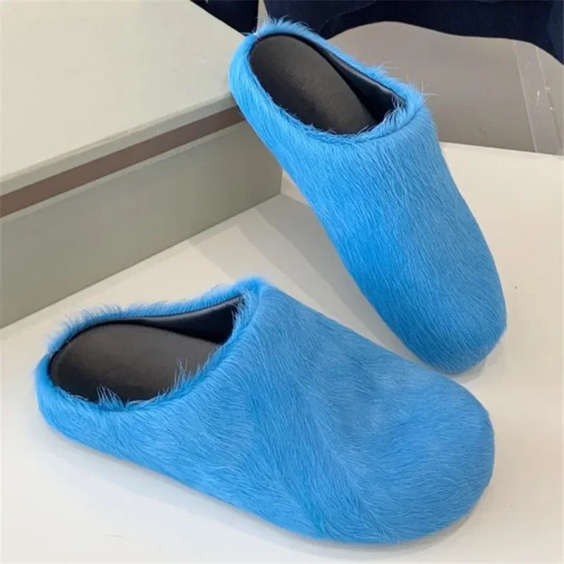 Luxury Horsehair Real Leather Fur Slippers Woman Flat Solid Color Round Toe Covered Toe Shoes Woman Designer Brand Casual Shoes