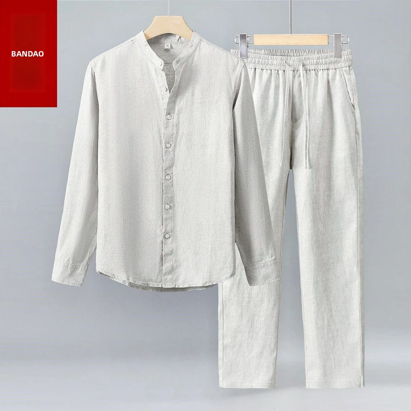 

Cotton Linen Long Sleeve Shirt Chinese Style Stand Collar Loose Fit Belted Pants Men's Cotton Linen Set Breathable Summer Wear
