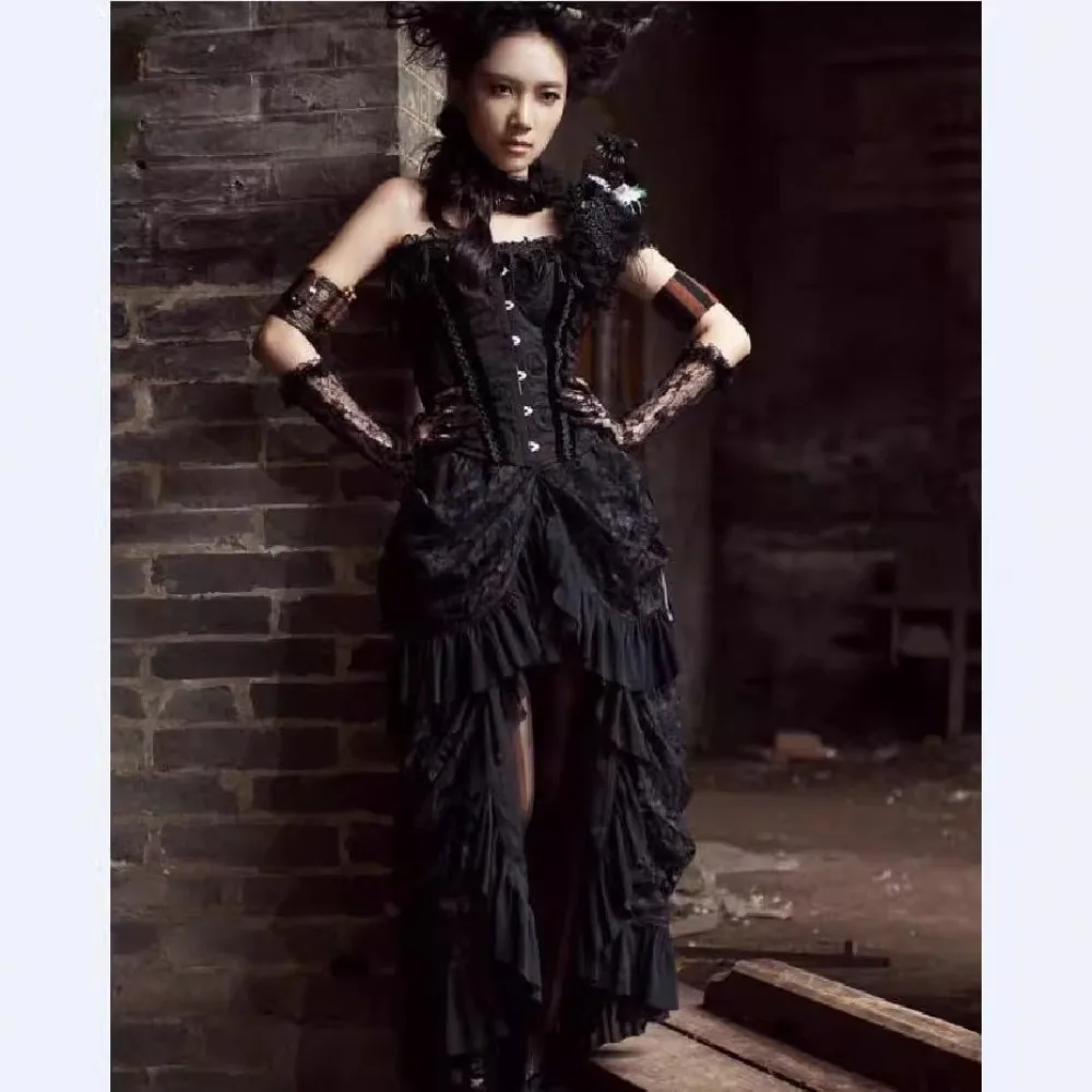 Vestido de fiesta gótico Steampunk euroamericano: vestido largo de encaje con cola de pájaro más vendido para mujer, ropa de noche formal inspirada en el punk