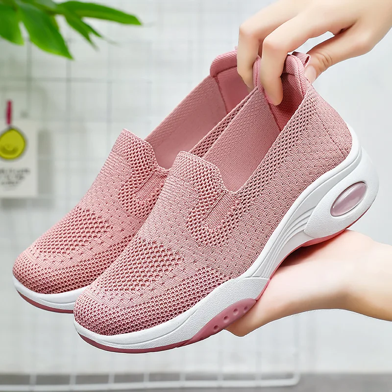 

Breathable Knitted Slip On Sneakers Women Comfortable Air Cushion Support Casual Shoes Woman Thick Sole Non Slip Walking Shoes