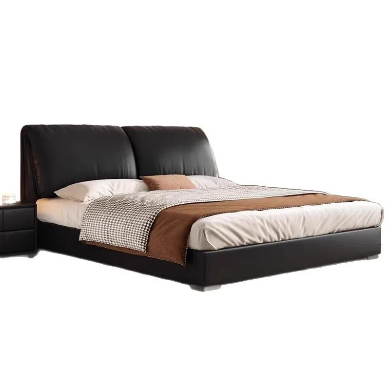 Minimalist elephant ears black leather bed modern minimalist master bedroom high-end atmosphere double soft bag villa bed