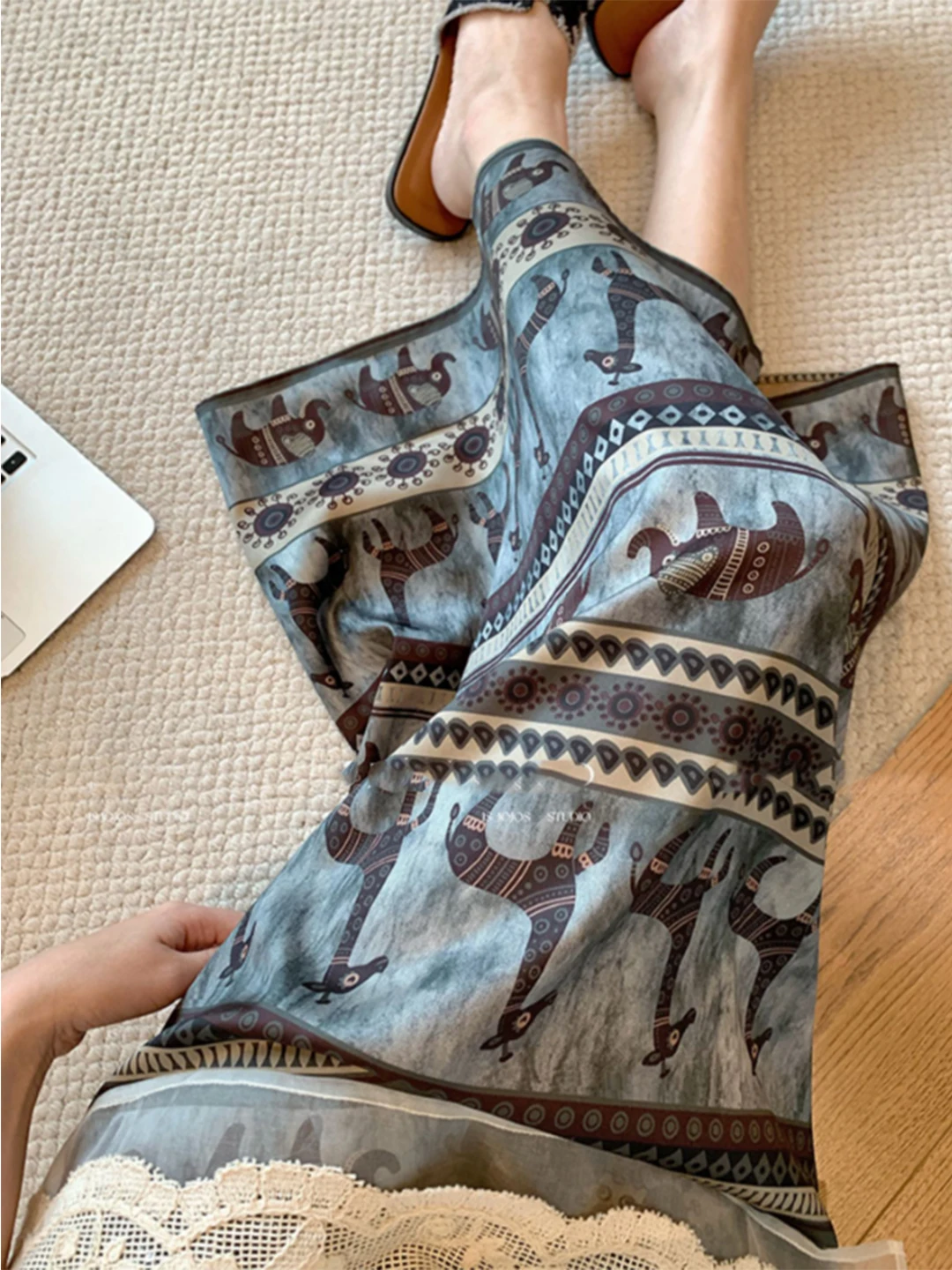 여성용 하이웨이스트 프린트 새틴 스커트 스트레이트 컷 슬림핏 스플릿 출퇴근 빈티지 스타일 동물 패턴