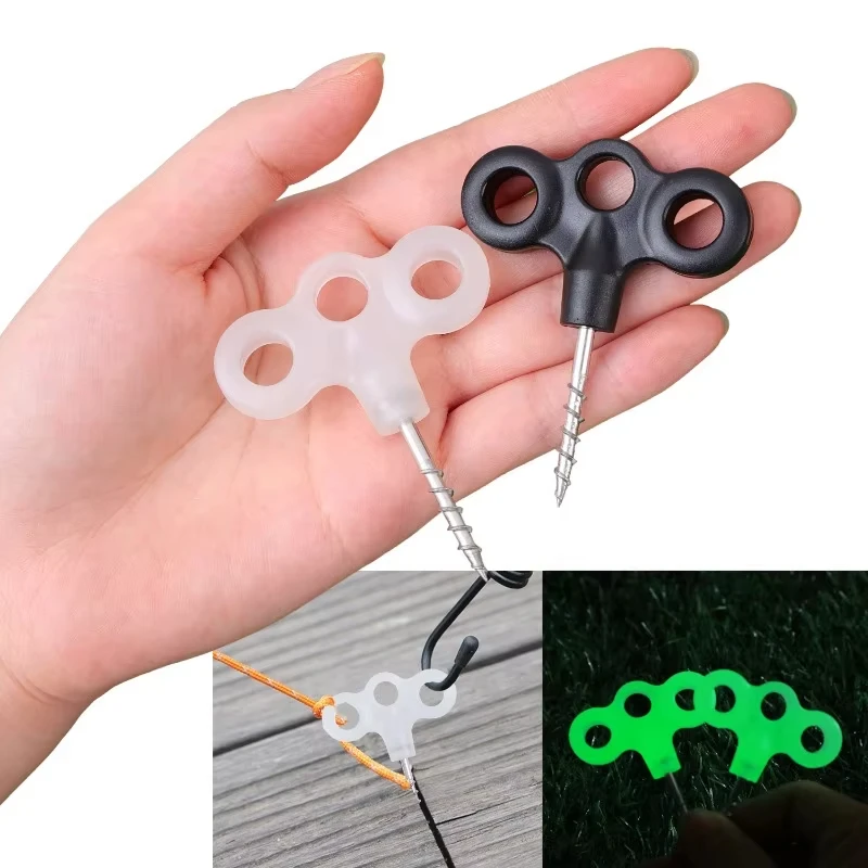 5Pcs Screw Hooks and Rope Clips, Hiking Camping Tent Pegs, Three-Eye Rope Buckles Fasteners Tent Accessories Travel Gear