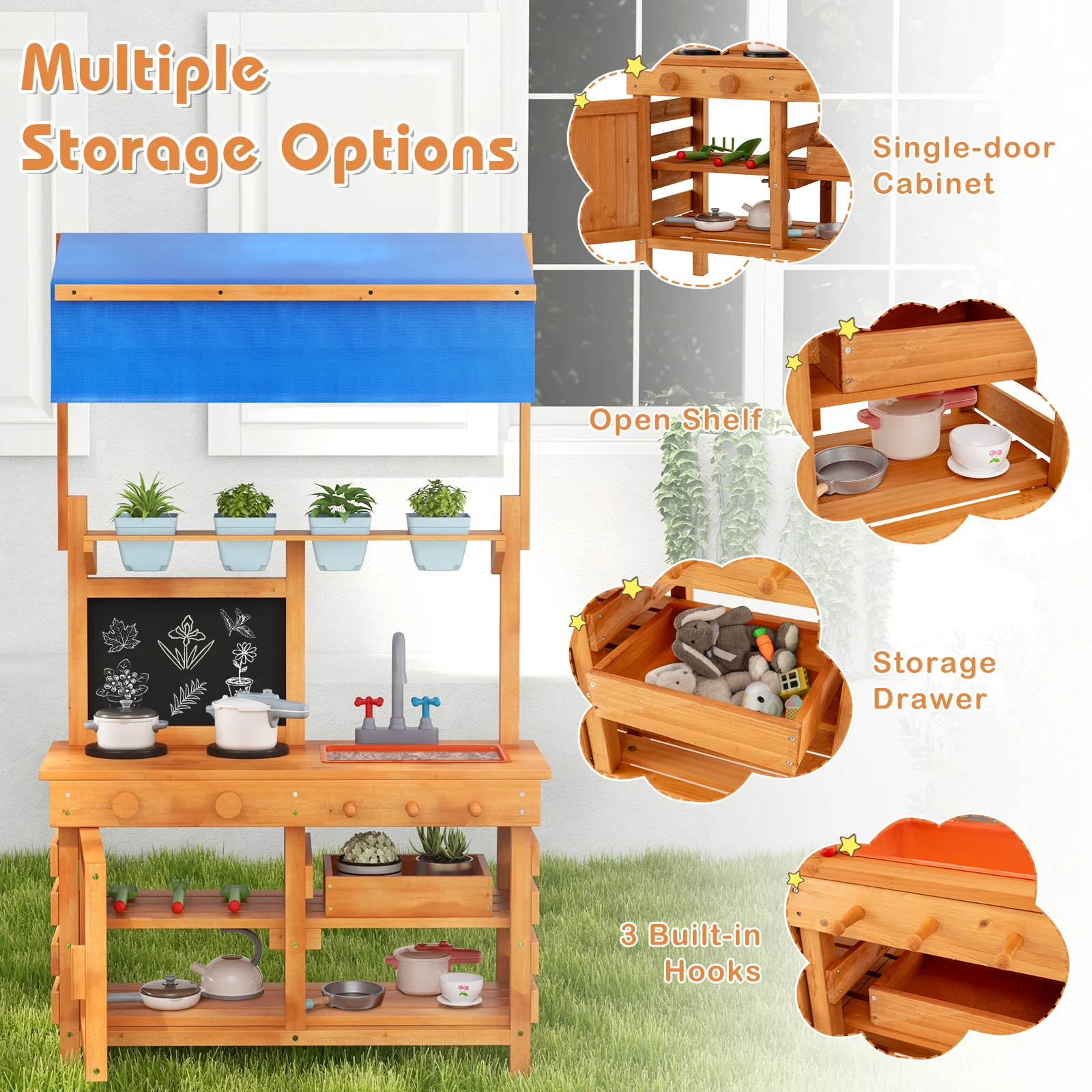 Mud Kitchen, Wooden Pretend Play Kitchen with Height Adjustable Canopy, Blackboard, Planting Cups, Stoves, Sink, Oven & Drawer