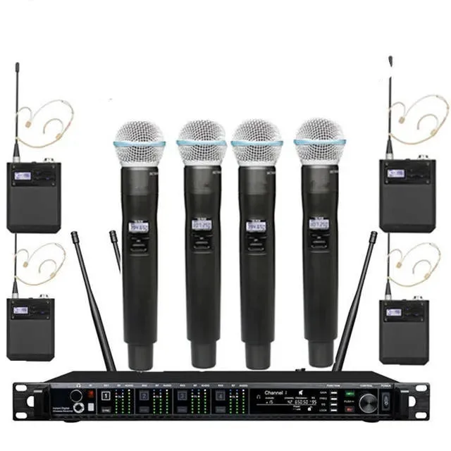 AD4Q 512-937MHz UHF Cordless Performance Stage 4 Channels 1 Receiver 4 Badypacks 4 Headest Mic 4 Handhold Micro