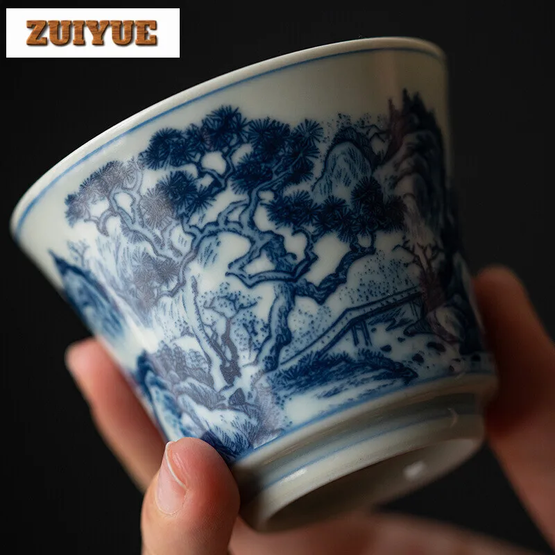 100ml Hand Painted Landscape Ceramic Teacup Handmade Blue and White Master Cup Tasting Tea Bowl Mug Kung Fu Tea Set Drinking