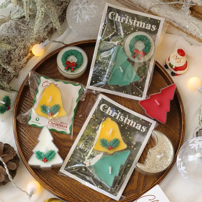 2Pcs Christmas Shaped Scented Candle Set Tree Bell Moon Wreath Design Smokeless Wax Candle For Holiday Party Table Decor