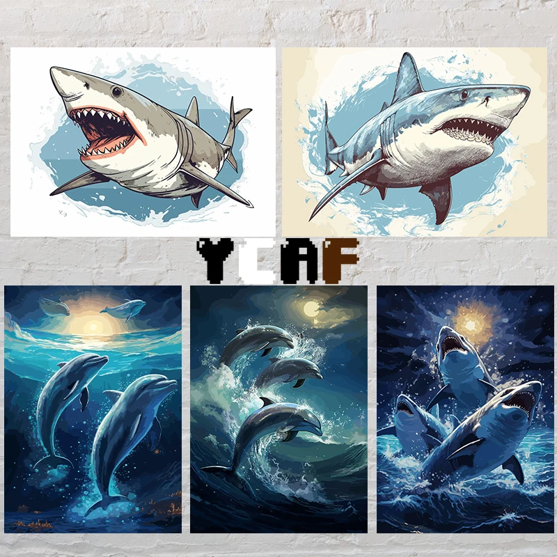 Animals in Sea Shark Dolphin Poster Canvas Printing Sea Life Wall Art Picture Shark Illustration Fantasy Artwork Wall Decoration