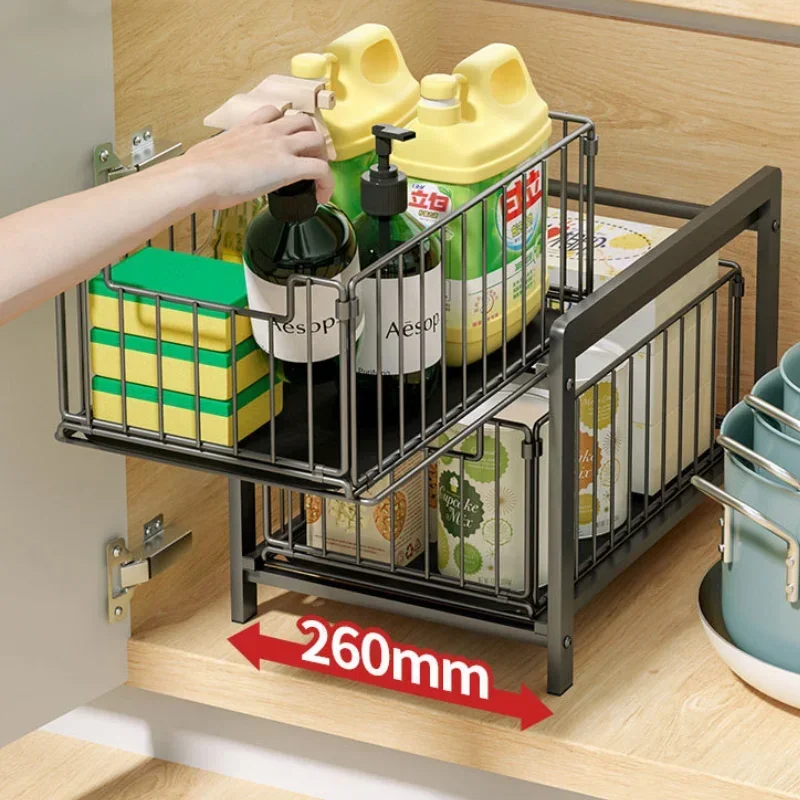 

Under Sink Shelf Cabinet Organizer 2-Layer Removable Pull-Out Kitchen Under Sink Organizer Storage Rack with Drawers