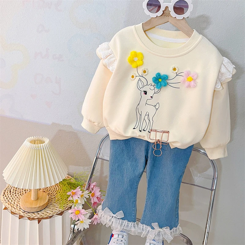 Autumn Children Clothing Sets Baby Girls Cartoon Sweatshirt Jeans Two Piece Suit Infant Clothes Outfits Kids Princess Costumes