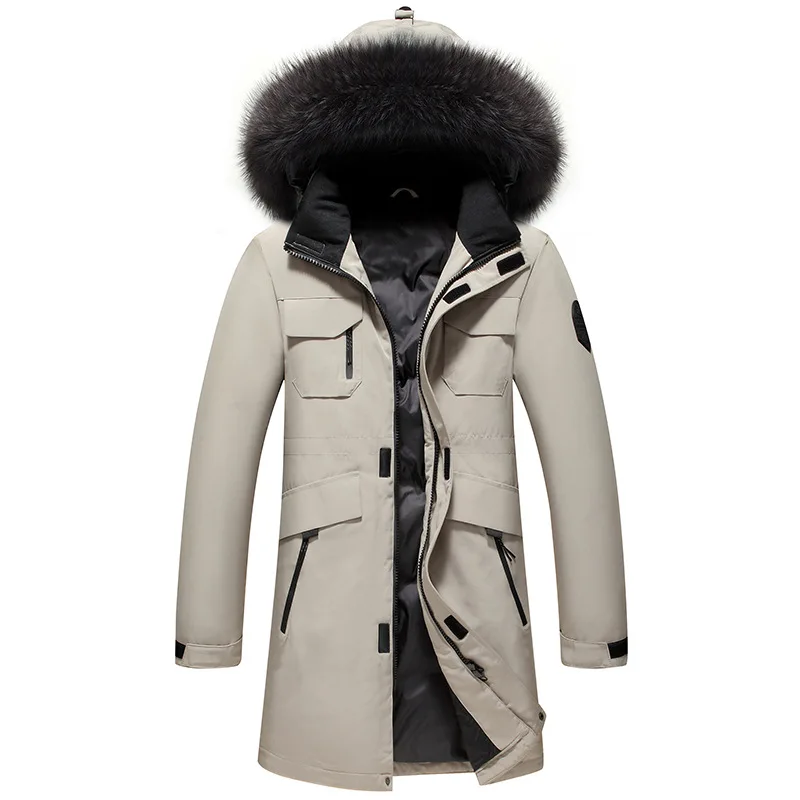 2025 رجل سترات أسفل معطف الشتاء منتصف طول طويلة الأكمام الذكور سترة رشاقته الدافئة الوقوف طوق جيب مقنعين الرجال ملابس خارجية