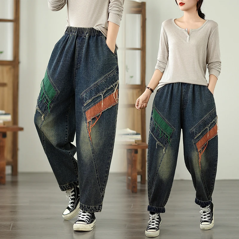 Solto casual harlan velho pai jeans bordado tamanho grande outono sle artístico versátil calças compridas cintura alta nove pontos