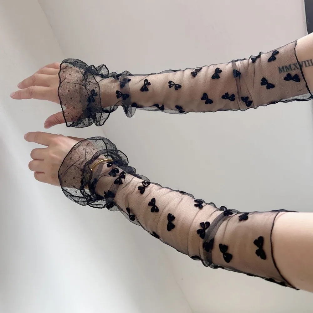 Lace Breathable Lolita Arm Sleeves Bow Transparent Mesh Sunscreen Sleeves Polka Dot Pattern Cloth Bridal Gloves Fashion