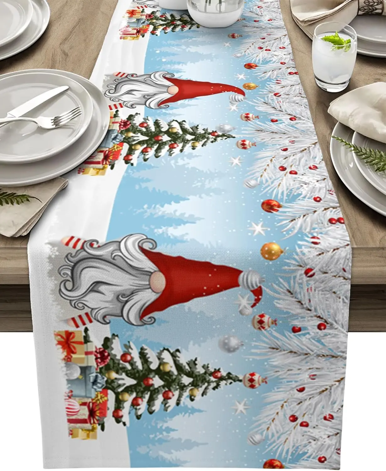 Christmas Gnome Pine Needles Snowaflake Linen Table Runner Winter Xmas Party Kitchen Dining Table Runner Navidad Decoration 2025