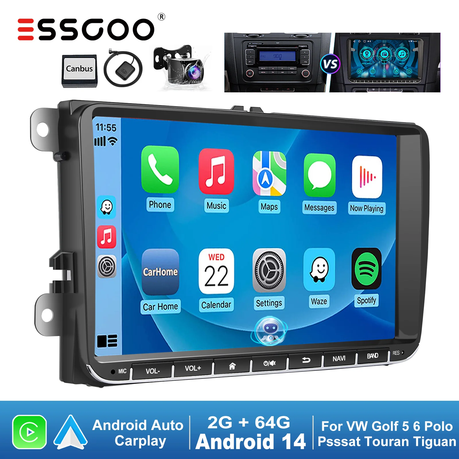 ESSGOO 9" Android 14 4+64G Drahtloses CarPlay Autoradio für VW Golf 5/6 Passat B6/B7 Polo Touran Tiguan Caddy GPS-Satellitennavigation WIFI RDS FM BT EQ SWC USB Intelligentes System