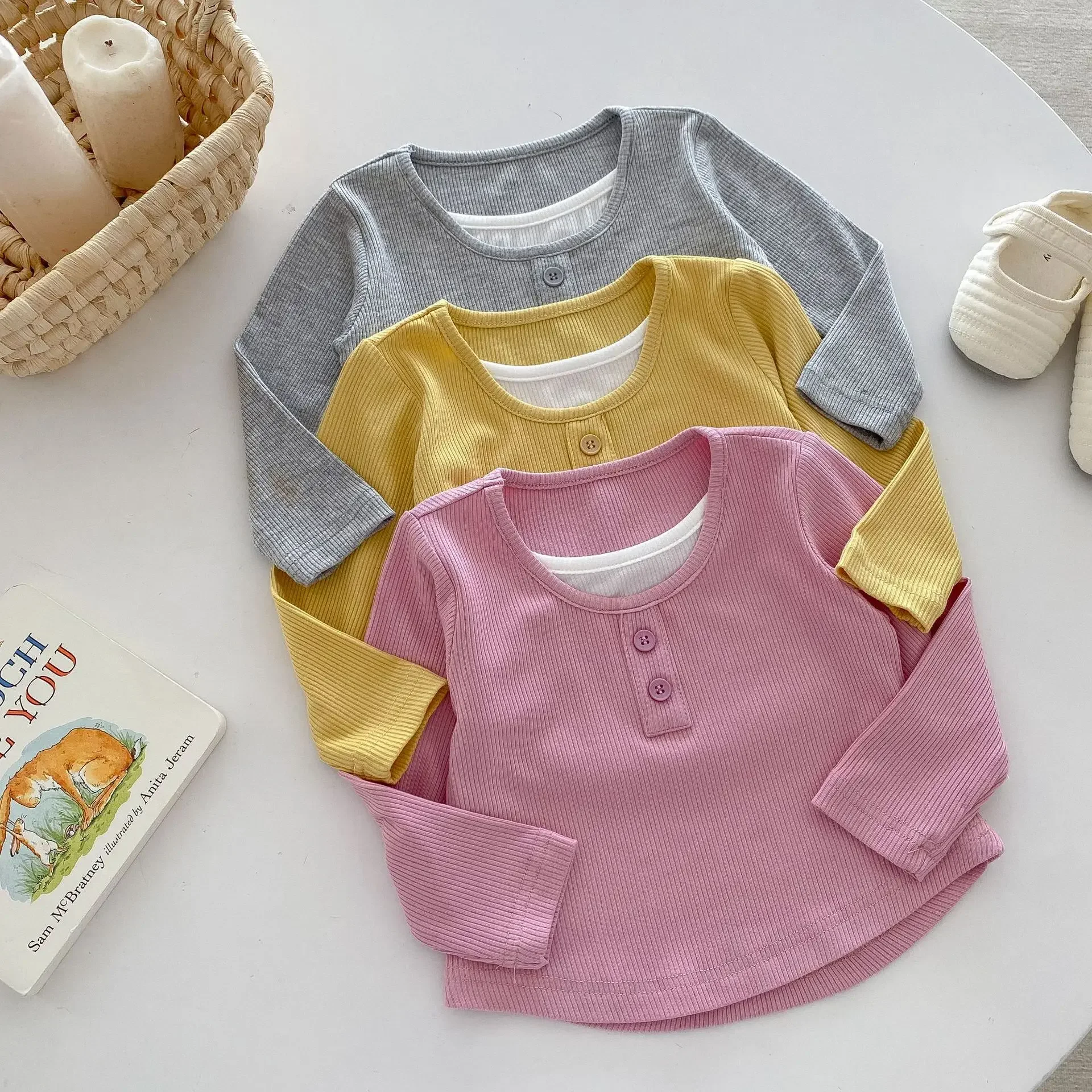 Baby Girls T-shirts Kids Long Sleeve Tops Toddler Infant Solid Color Pullover 2024 Spring Autumn Children's Korean Style Clothes