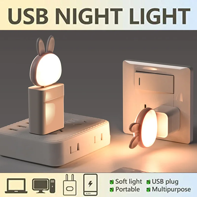 USB Cartoon Cute Rabbit Night Light With Voice Control Baby Bedroom Decor Feeding Light Bedside Tabe Lamp Xmas Gifts For Kids
