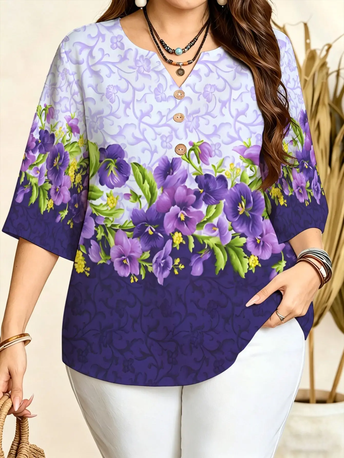 All Over Floral Print Women Blouse 3/4 Sleeve Notch V Neck Three Decor Buttons Light Summer Daily Tops