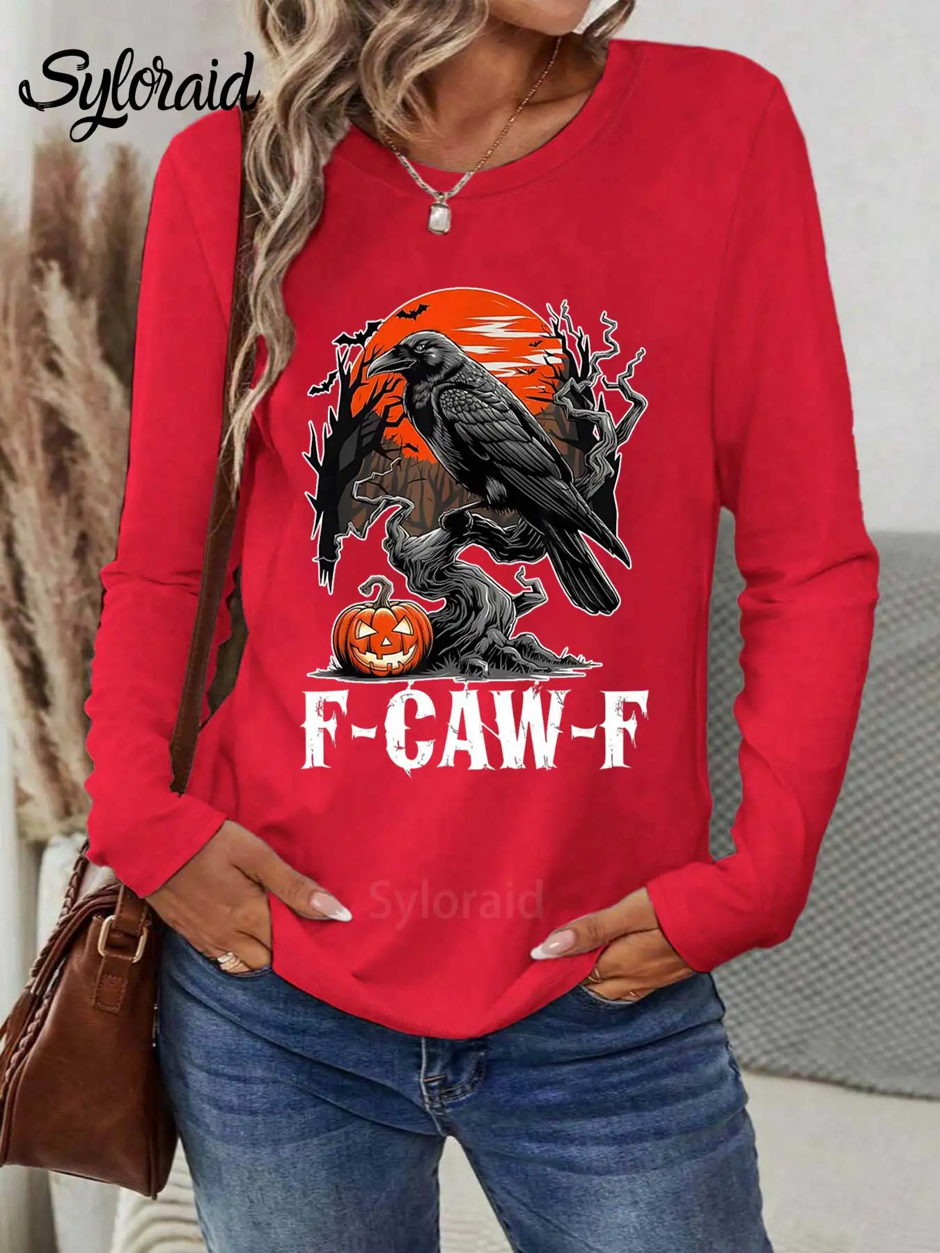 المرأة طويلة الأكمام تي شيرت F-Caw-F مضحك الغراب القوطية الغراب تي شيرت الطيور هالوين قميص موضة الجولة الرقبة رداء علوي غير رسمي #3