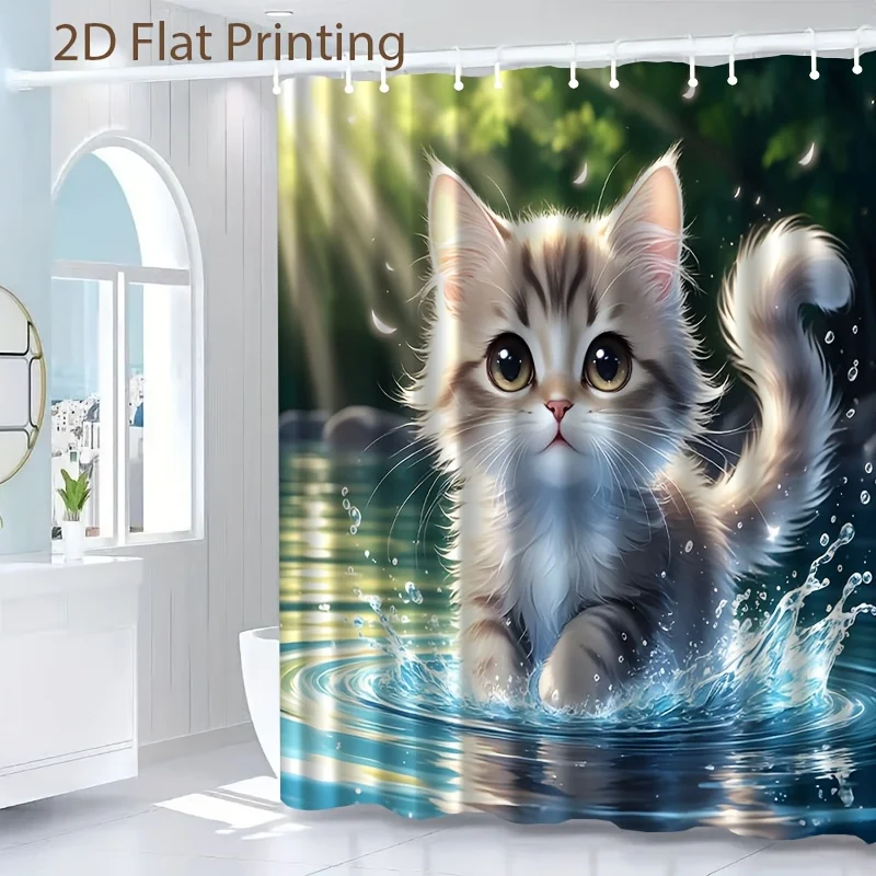 Cute Kitten Shower Curtain, Adorable Cat Playing Water Print Waterproof Bathroom Decor, Pet Lover Home Bath Screen