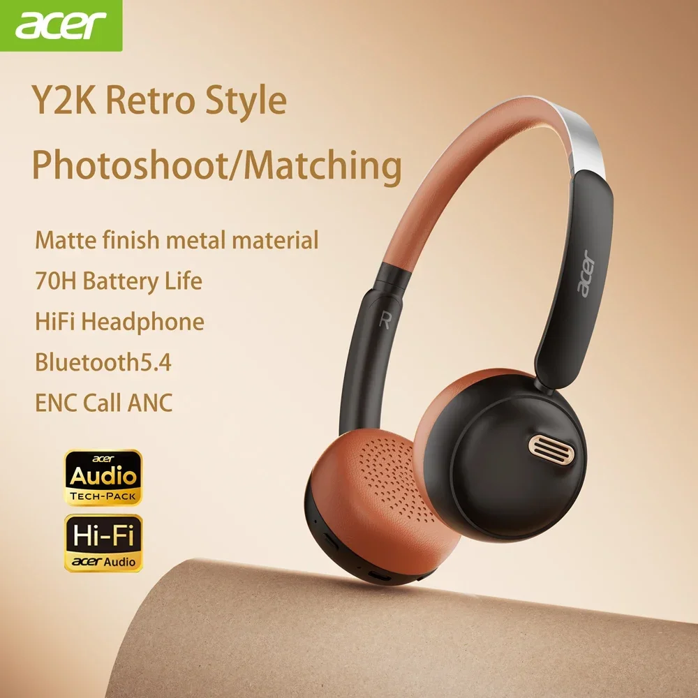 Acer OHW111 Bluetooth Headphones INS Retro Style Over Ear Wireless Earphone Bluetooth 5.4 HIFI Stereo Headset Gamer 70H Playtime