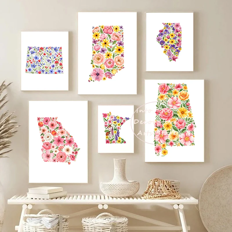Póster de flores de acuarela significativo, área terrestre representativa de Estados Unidos, simplicidad, pintura en lienzo, imágenes impresas de pared, decoración del hogar
