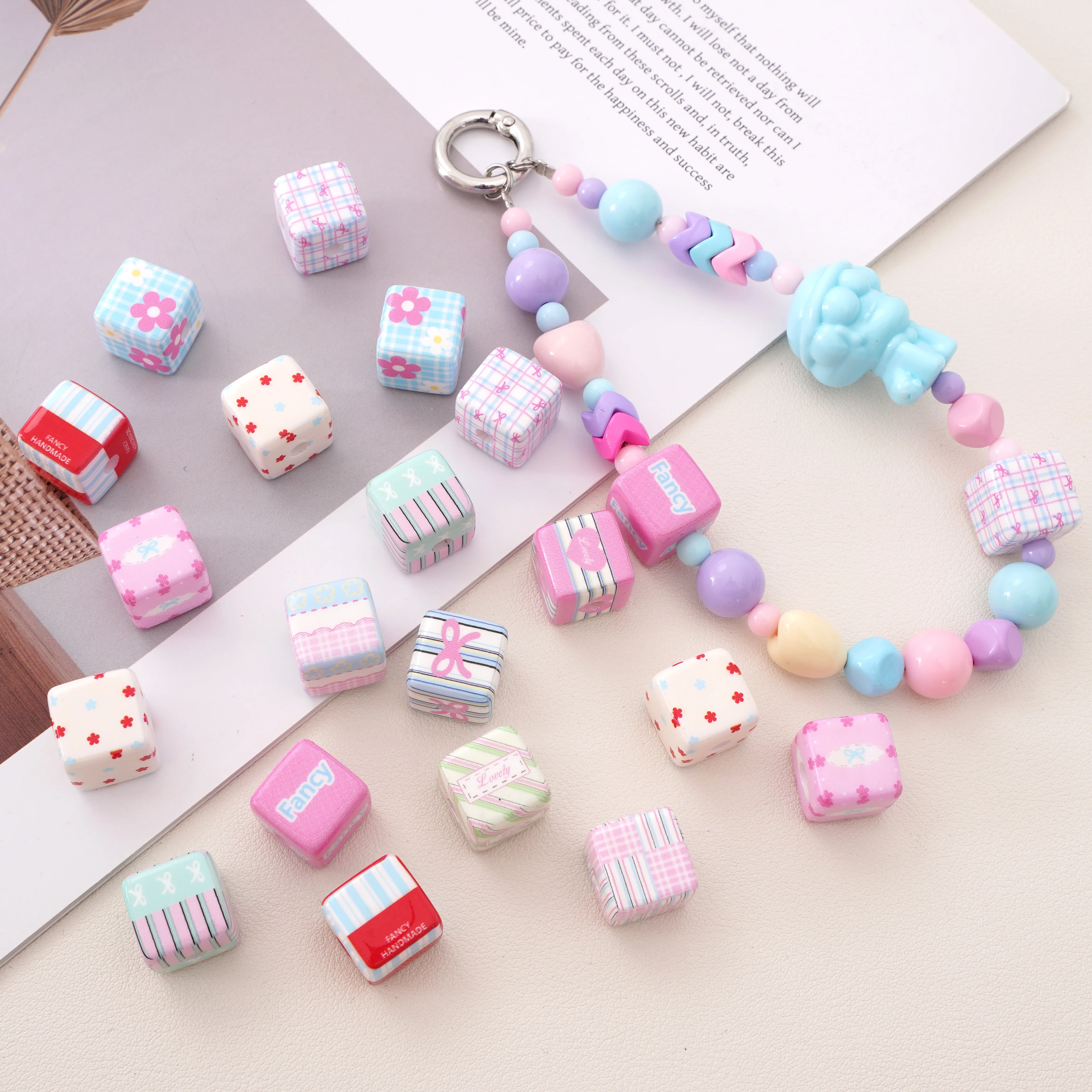 

New Arrivals 2Pcs 14mm Multiple Styles Acrylic Printed Square Beads For Jewelry Making DIY Bracelet Key Chain Accessories