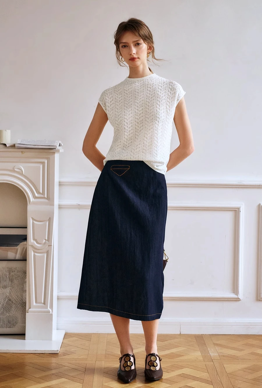 OLrain Embroidery Denim Skirt Women 2025 Spring Summer Straight Vintage Washed High-waist Workwear Midi Skirts N57CB95999