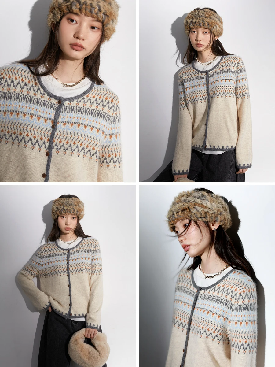 

Retro Sle Fair Isle Color Blo Knitted Sweater Cardigan Women's Casual Loose Fit Long Sve round Ne Button up Coat