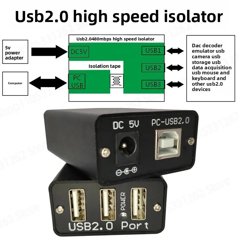 USB2.0 High Speed Isolator 480M Eliminate DAC Decoder Ground Loop Noise Isolation Protection USB Port External Power Supply