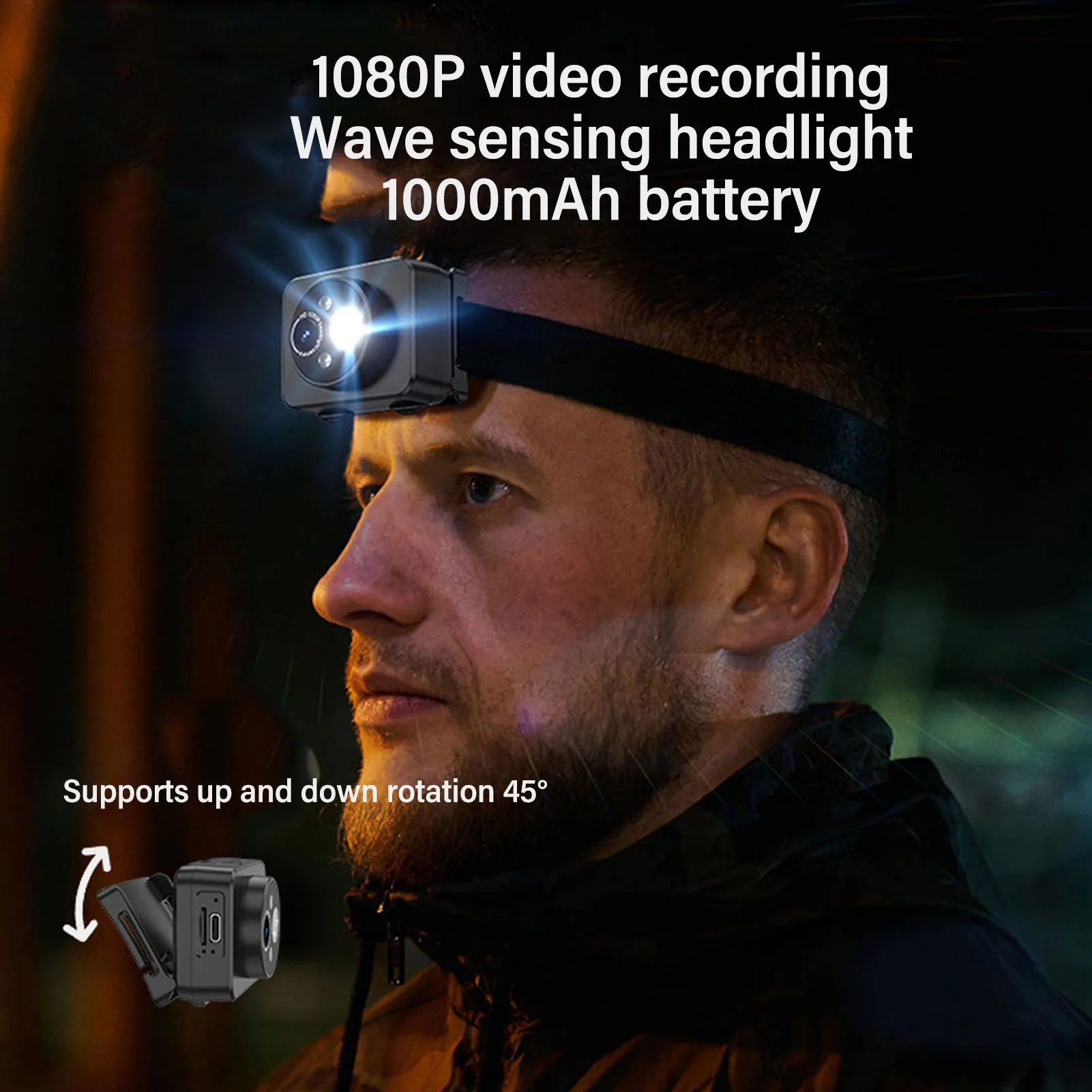 LED Headlamp Camera 1080P 45 Deg Free Adjustment Handsfree Cycling Video Recorder for Running