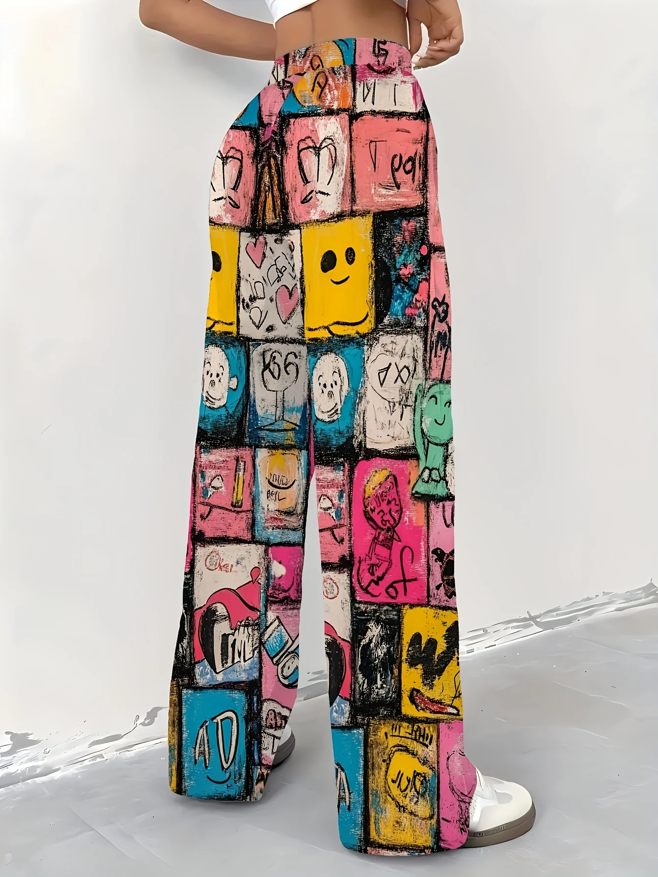 Summer 2026 Colorful Cartoon Doodle Print Wide Leg Pants Quick Drying Women's Elastic Waist Trousers Kids Y2K Streetwear