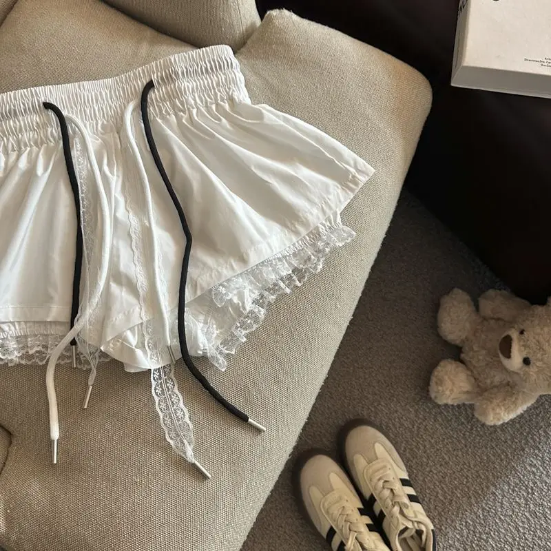 Lace Wide Leg Shorts Bandage Chic Summer Pantalones Cortos De Mujer New Bottoms Korean Shorts Women High Waist Casual Patchwork
