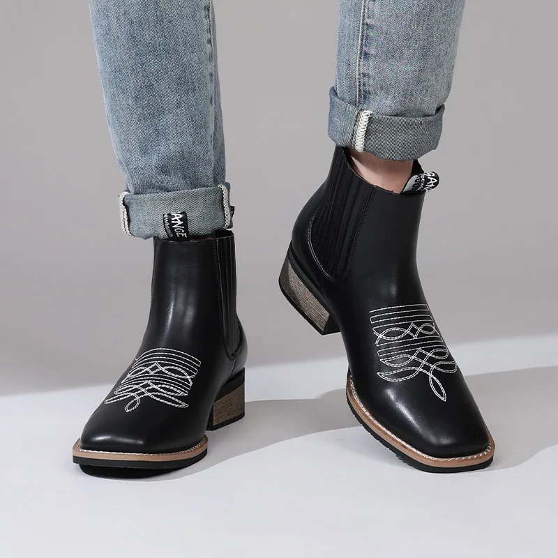 Men's leather boots, embroidered sleeves, feet on one foot, British spring and summer outdoor boots